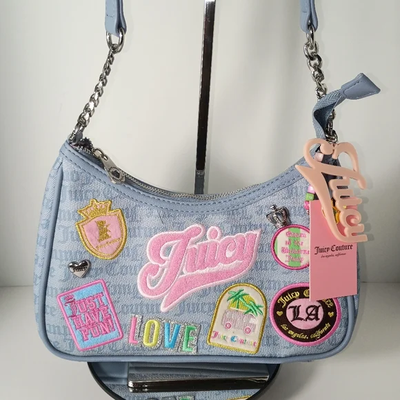 Juicy Couture Exclusive Run The World Light Blue Embroidered Patch Shoulder Bag - Picture 3 of 13